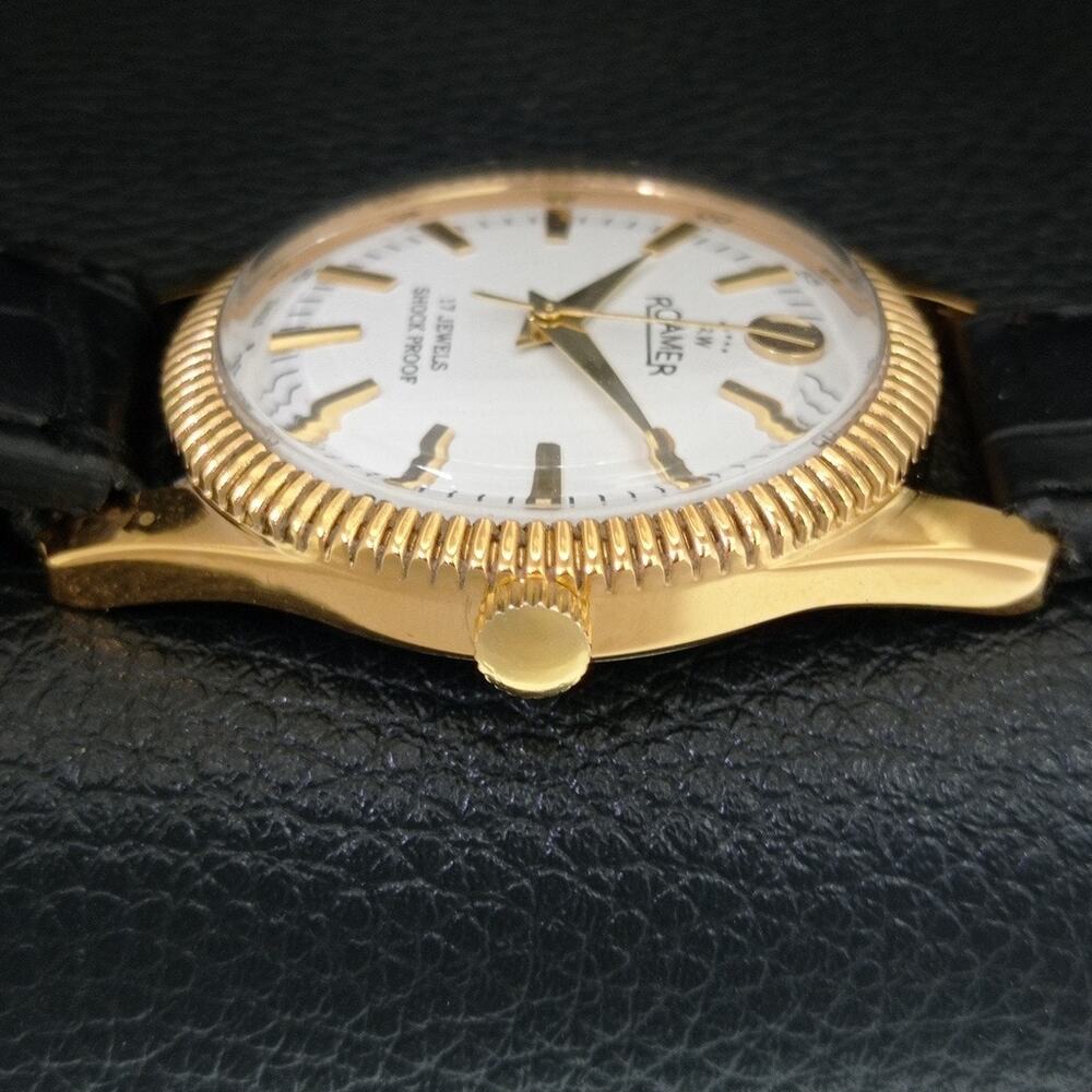 Vintage 1976 Roamer Manual Mens Gold Watch W/Leather Strap & White accents - Picture 5 of 9